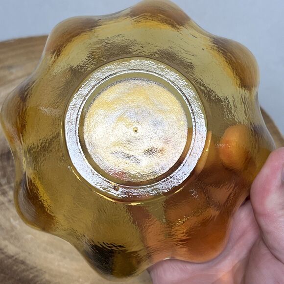 Vintage BLENKO Art Glass Amber Lotus FlowerBowl Hand Blown 8 Finger Scallop MCM - Picture 5 of 5